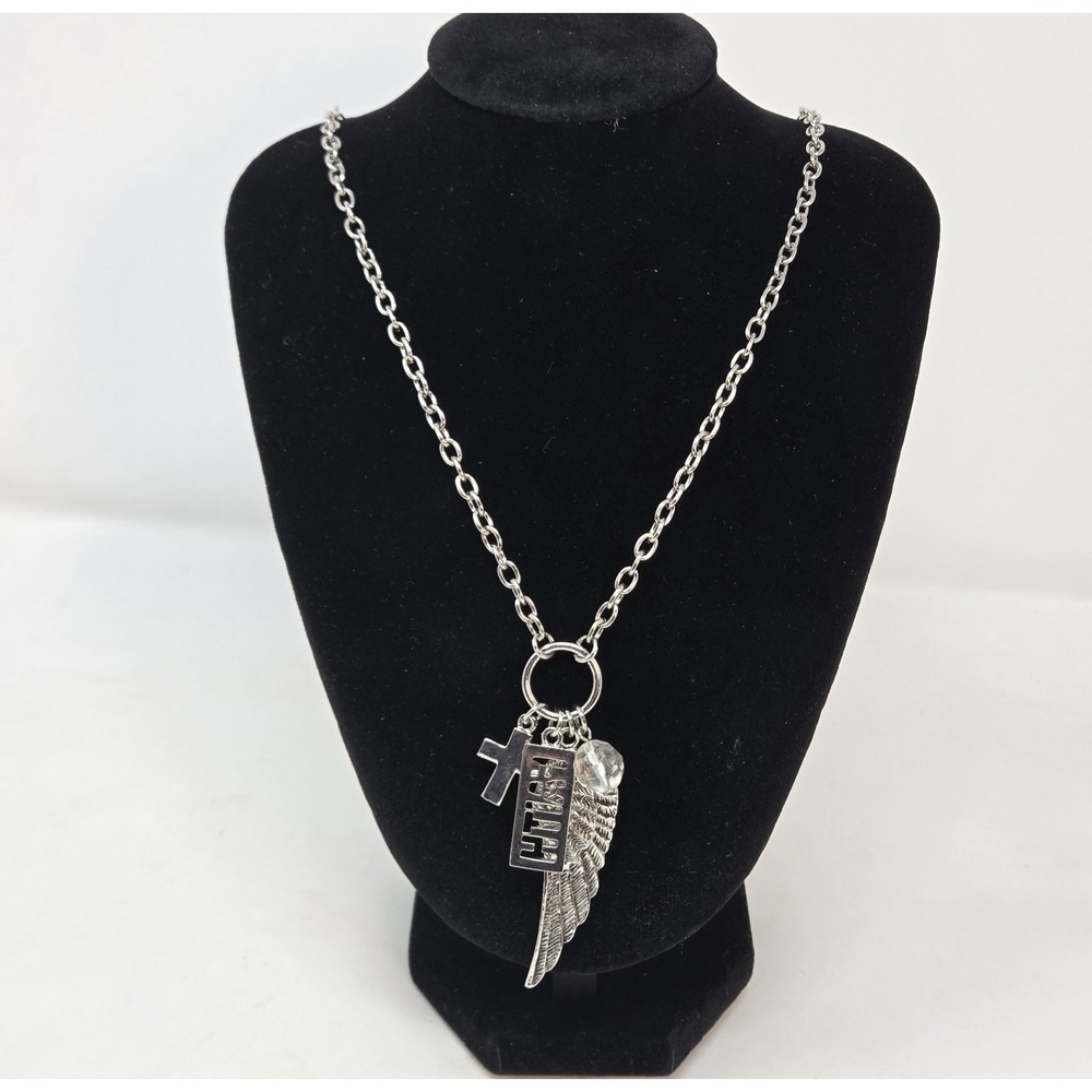 Cookie Lee Faith Cross Angel Wing Charm Necklace Silver Toggle NWT